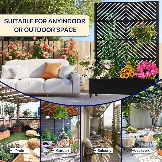 Metal Planter Box with Trellis72x47x16Galvanized Steel Outdoor Raised Garden Bed with Privacy Screenwith Drainage Holes &amp Lockable Casters for Climbing PlantsVegetablesand Vines(Black-JT）)