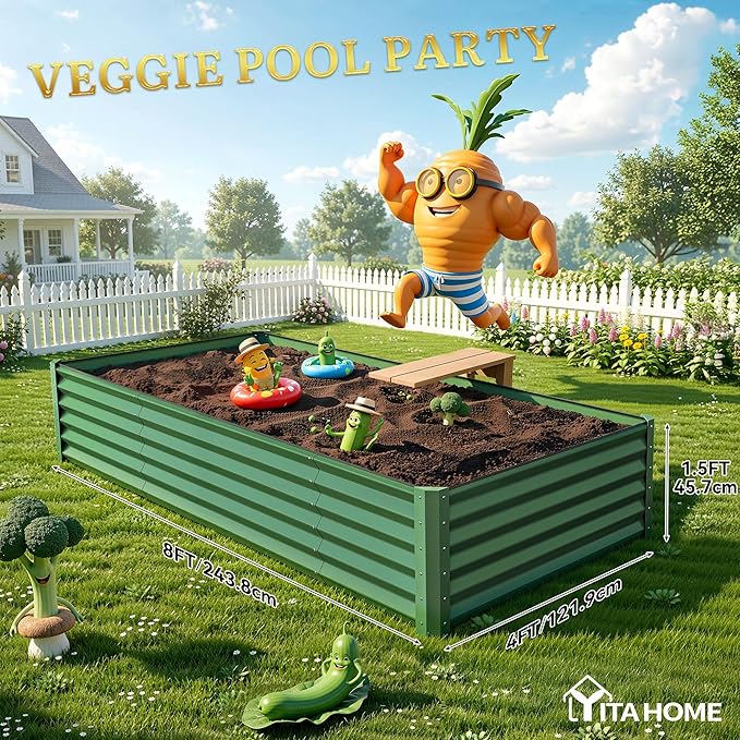 YITAHOME 8x4x1.5 ft Galvanized Raised Garden Bed Kit Large Metal Planter Box with Gloves Safety Rubber &amp Support Rod Outdoor Flower Bed for Plants Vegetables Green