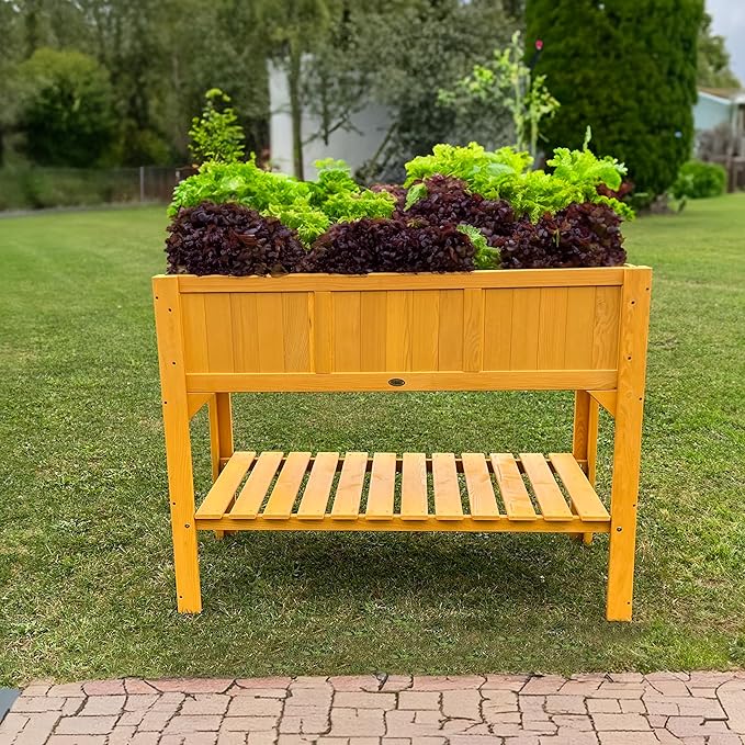 HABAU Wooden Raised Garden Bed with Legs Outdoor Elevated Planter Box 46x22x35-inch w/Liner &amp Storage Shelf
