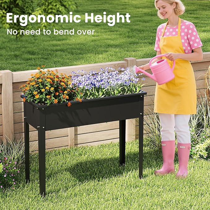 HAPPYGRILL Raised Garden Bed Metal Elevated Planter Box w/Legs Drainage Holes for Growing Vegetables Fruits Flowers Indoor Outdoor Standing Plant Container for Backyard Patio (Black 40”x16”x32”)
