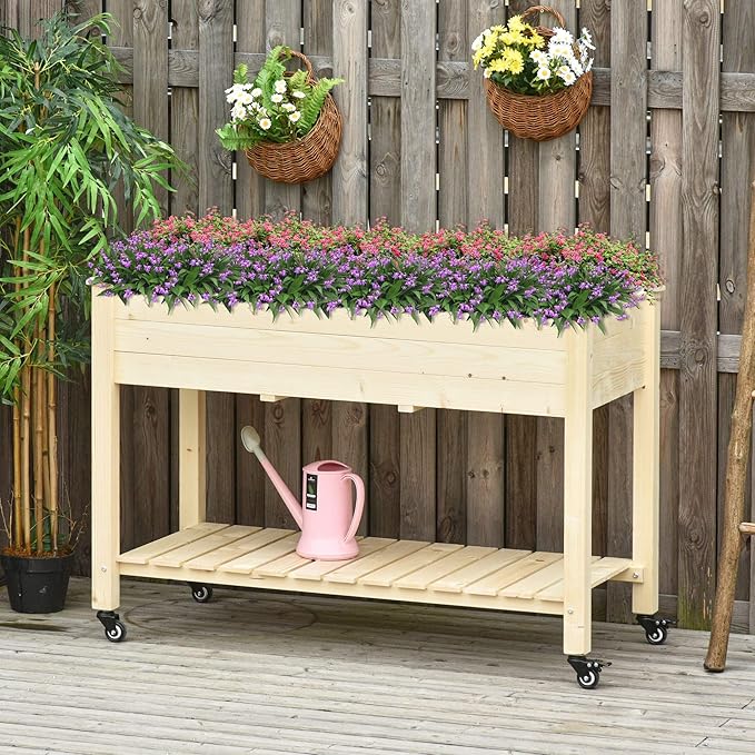 Outsunny Raised Garden Bed 47 x 22 x 33 Elevated Wooden Planter Box w/Lockable Wheels Storage Shelf and Bed Liner for Backyard Patio Natural