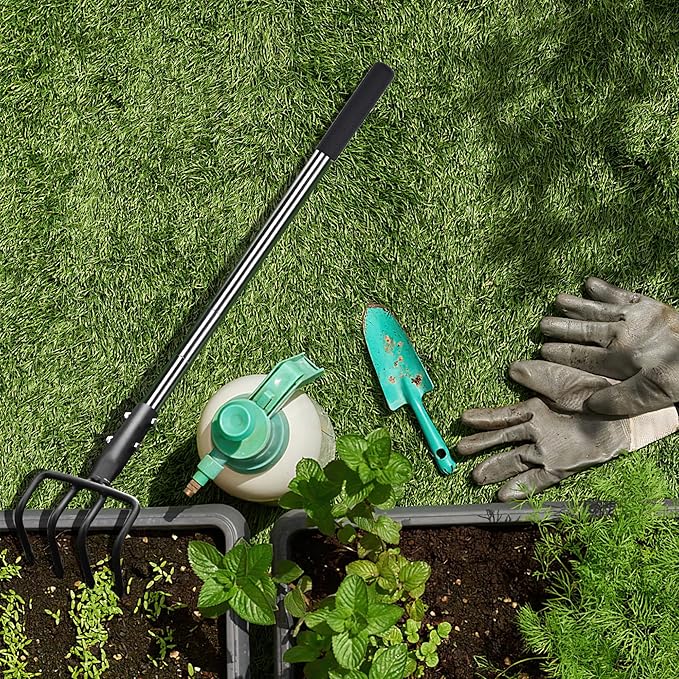 Long Hand Cultivator Carbon Steel &amp Stainless Steel Tiller Cultivator Garden Cultivator with Telescopic Handle and Soft Handle Cover Hand Tiller for Digging Loosening Weeding