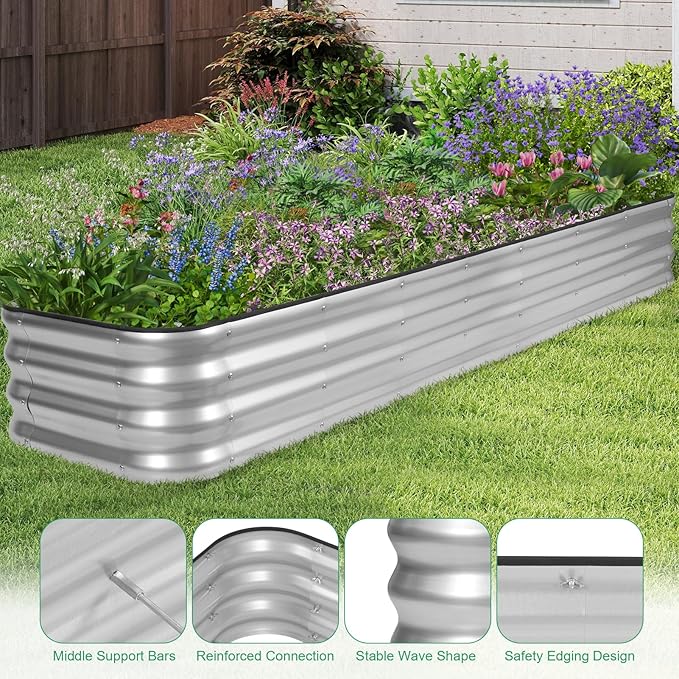 1MORE Raised Garden Bed -8X2X1 Galvanized Planter Box for Outdoor Gardening5 in 1 Modular Raised Bed Kit with Protective Tape Gloves for HerbIdeal for Vegetables and Plants.Sliver-2pack
