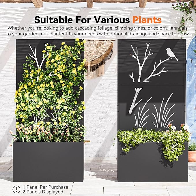 Modern Shade Metal Planter Box with Trellis Privacy Screen 4x6 FT Large Raised Garden Bed Multi-Functional Privacy Screen Outdoor with Drainage Holes for Climbing Plants Perch Meadow