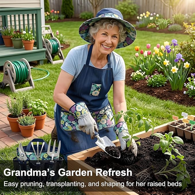 9-Piece Garden Tools Set with Apron Hat Gloves &amp Floral Tools - Ideal Gift for Mom Grandma Spring Planting Weeding Pruning &amp Yard Care
