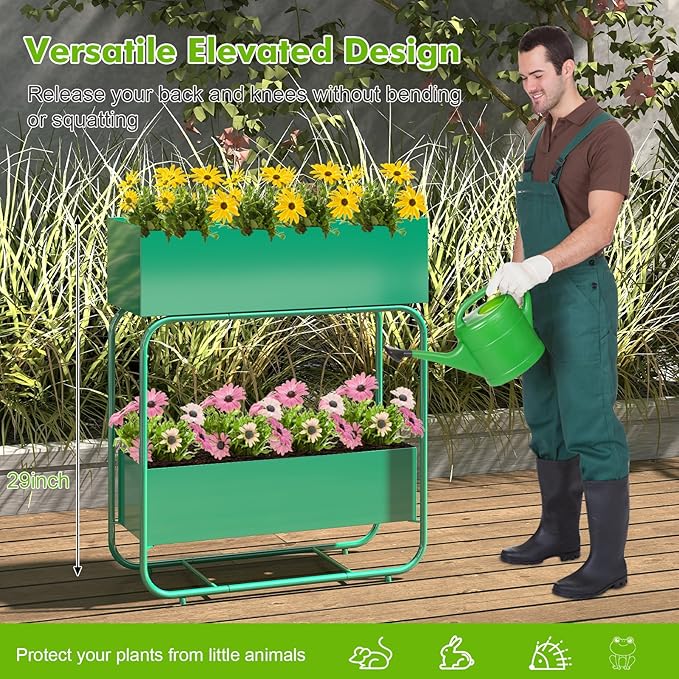 Raised Garden Bed with Legs - 2-Tier Elevated Garden Bed for Balcony Backyard Patio Outdoor &amp Indoor Metal Standing Garden Planter for Vegetables Flower(Green)