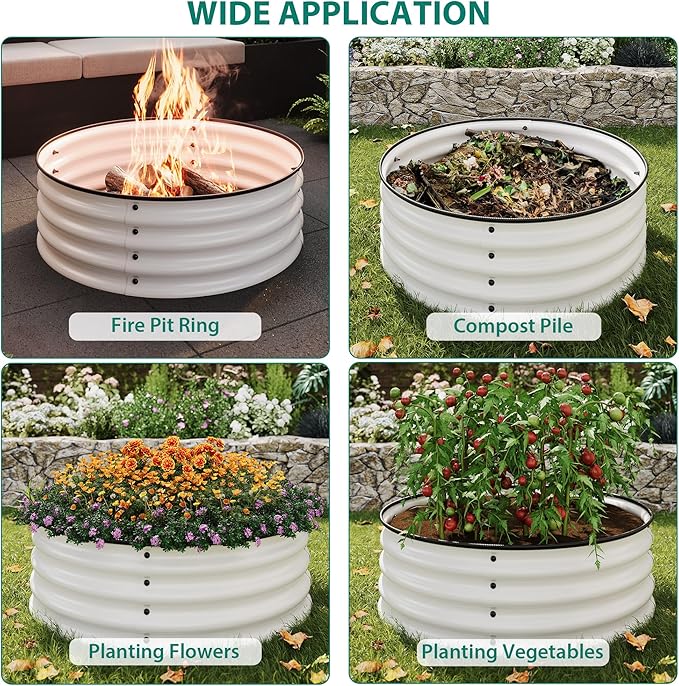 2PCS 2 x 1ft Round Raised Garden Bed Galvanized Metal Planter Box with Safety Rubber Edge Rust &amp Corrosion Resistant Easy Assembly Suitable for Vegetables Fruits Flowers Herbs White