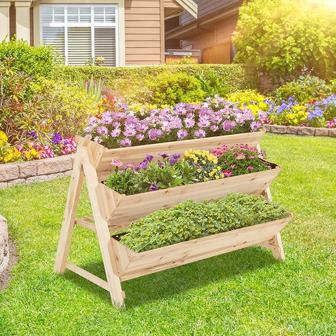 S AFSTAR 3-Tier Vertical Garden Bed Wooden Elevated Planter Bed with Legs Storage Shelf 2 Hooks Raised Bed Kit for Flower Vegetable Herb Outdoor Plant Box Stand for Yard Garden &amp Balcony