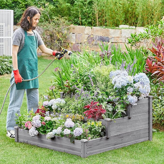 Yaheetech 3 Tier 47 x 47 x 22in Raised Garden Bed Horticulture Outdoor Elevated Flower Box Tiered Garden Bed Wooden Vegetables Growing Planter for Backyard/Patio/Gardener Gray