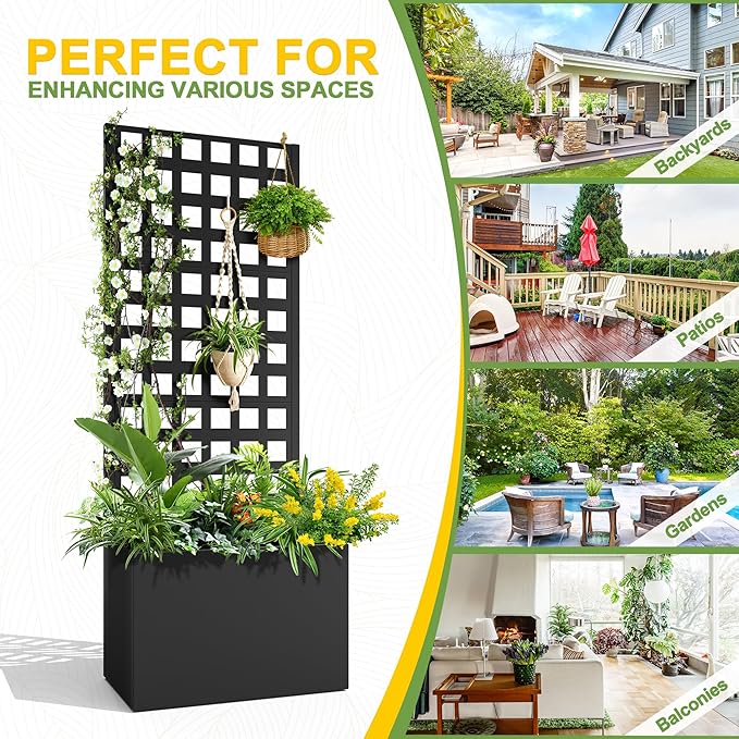 FENCY Metal Planter Box with Trellis Planter Trellis for Climbing Plants Vegetable Vines Trellis with Planter Box &amp Privacy Screen Raised Garden Bed with Drainage Holes (23.6 L x 63 H/Lattice