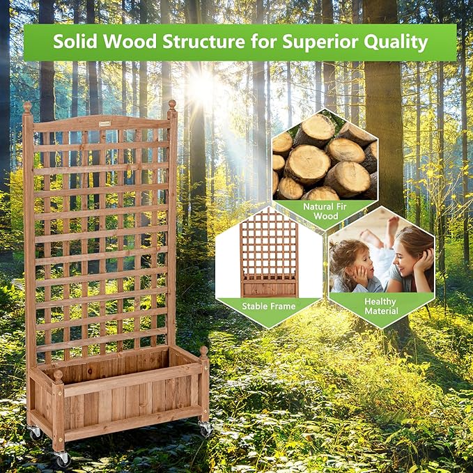 Giantex Set of 2 Mobile Plant Raised Bed Wood Planter with Lattice Trellis and Wheels Flower Box for Plant Climbing Vertical Garden for Balcony Patio Yard 25x11x 50