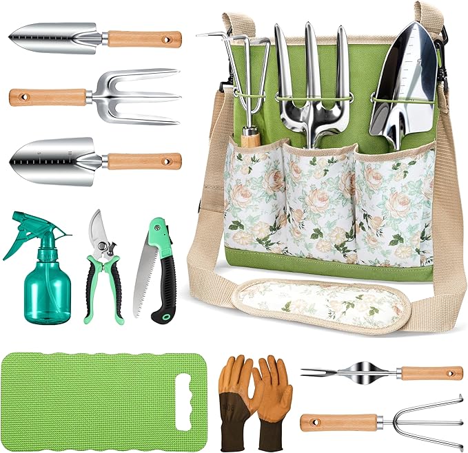All-in-One Garden Tool Set 11-Piece Heavy Duty Gardening Tools with Ergonomic Canvas Shoulder Crossbody Bag Rust-Proof Premium Garden Tool Kit Gardening Gift for Women Men Green GR003