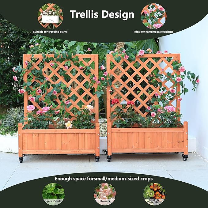 2 Pcs Wooden Planter Boxes with Trellis: Four Universal Wheels for Easy Mobility 37.6 H x 27.5 W x 13 DPerfect for Outdoor Climbing Plants on Patios Balconies &amp Gardens