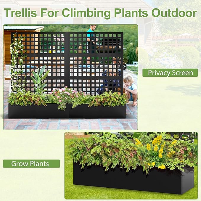 Metal Raised Garden Bed Trellis Planters Bed with Drainage Holes for Climbing Plants Vegetables Outdoor Privacy Screen with Planter Box 73x47x16 Black