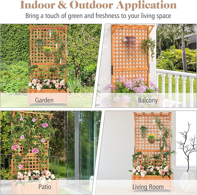 MAT EXPERT Raised Garden Bed with Trellis Lattice Panel with Hanging Roof Drainage Hole Planter Box for Flower Vine Elevated Outdoor Planter for Garden (1 35.5” x 17.5” x 72.5” (L x W x H))