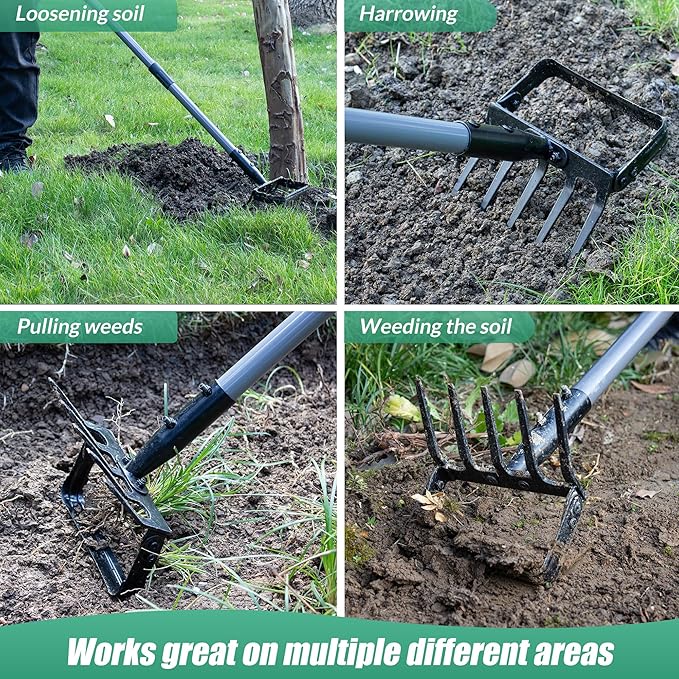 Suchtale 82 Inch Stirrup Hoe and 5-Tines Rake Action Hoe for Weeding 2 in 1 Scuffle Hoe with 37-82 Adjustable Handle Cultivator for Loosening Soil Loop Hoe for Garden Weeding and Planting