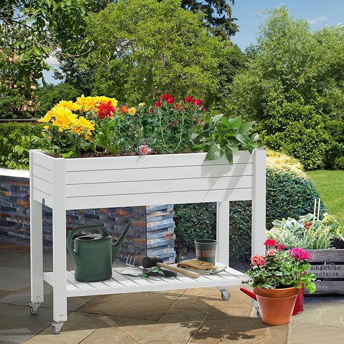 YITAHOME 43.3x17.7x34 in Elevated Garden Bed 2pcs Outdoor Plastic Planter Box with Wheels Legs Drain Plug and Storage Shelf for Plants Vegetables Flowers Herbs Grayish-White