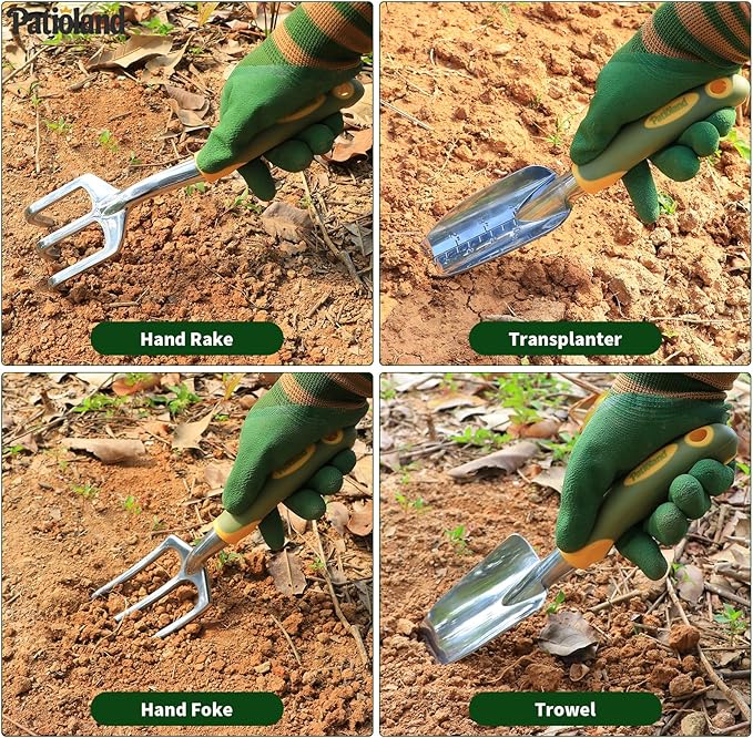 10-Piece Garden Tool Set Green Gardening Hand Tools Kit with Non-Slip Handles Heavy Duty Rust-Proof Aluminum Tools Organizer Tote Bag &amp Gardening Gloves Ideal Gardening Gifts for Men and Women