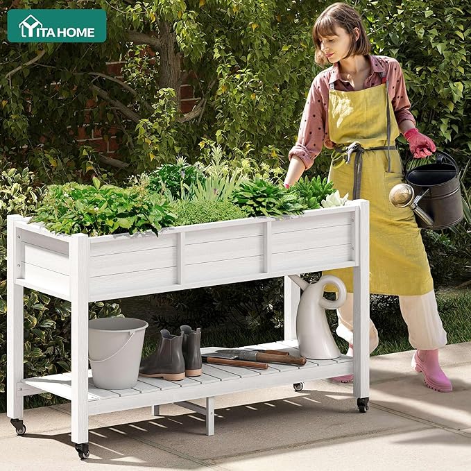 YITAHOME Raised Garden Bed HDPE 47x18x31In Raised Flower Bed Poly-Wood Weather-Resistant Elevated Planter Box with Lockable Wheels &amp Storage Shelf for Vegetable Flower White