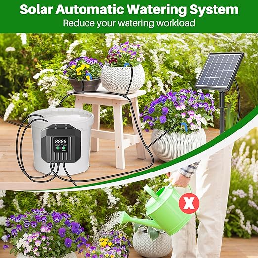 Biling 3W Solar Drip Irrigation System Digital Programmable Smart Watering Kit with 2200mAh Battery for 15 Potted Plants Indoor/Outdoor Use
