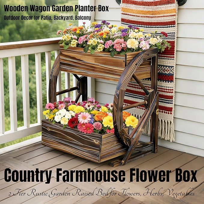 Wooden Wagon Garden Planter Box with Wheels-Indoor/Outdoor Decor for Patio Backyard Balcony-Country Farmhouse Flower Box-2 Tier Rustic Garden Raised Bed for Flowers Herbs Vegetables