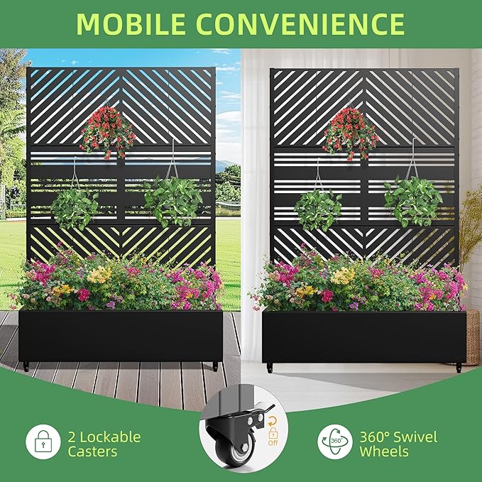 Casaphoria Metal Raised Garden Bed with Trellis and Wheels 72x47x16 Planter Box for Climbing Plants Vegetables &amp Vines Features Drainage Holes and Privacy Screen Black(Parallel&ampHarold)