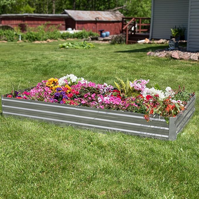 Sunnydaze Galvanized Steel Rectangular Raised Garden Bed - for Flowers Plants and Vegetables - Silver - 4 x 8 ft