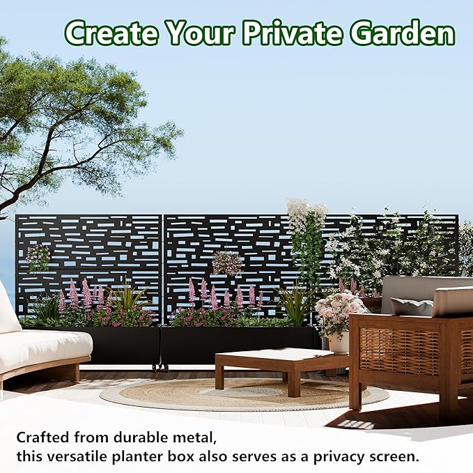 Casaphoria Raised Garden Bed Metal Planter Box with Trellis 47x47x16 for Outdoor Climbing Plants Flowers Vegetables and Vines Privacy Screen with Wheels and Drainage Holes(Black Street)
