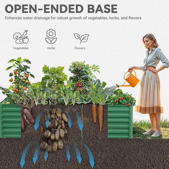 YITAHOME 8x4x2ft 2pcs Large Raised Garden Bed Kit Galvanized Metal Planter Box with Gloves Ground Nails &amp Safety Rubber Outdoor Above Ground Planters for Plants Vegetables Flowers Green