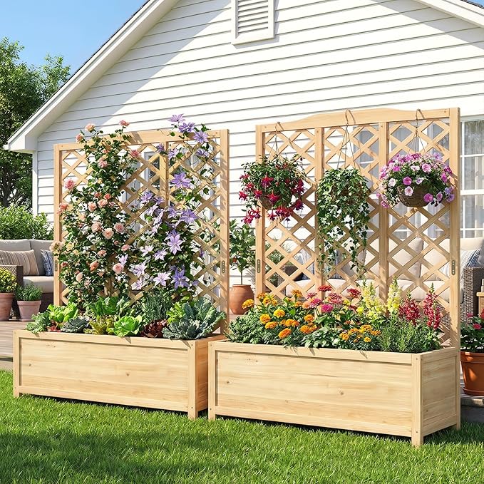 SUNYRISY Raised Garden Bed with Trellis for Climbing Plant Outdoor 59x44x16 Wooden Vertical Planter Box with Privacy Screen for Gardening Vine Flowers Vegetables