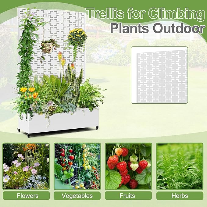 Raised Garden Bed with Trellis and Wheels73x47x16 Metal Raised Garden BedWhite Squared Metal Planter with Climbing Trellis for Vines &amp Vegetables