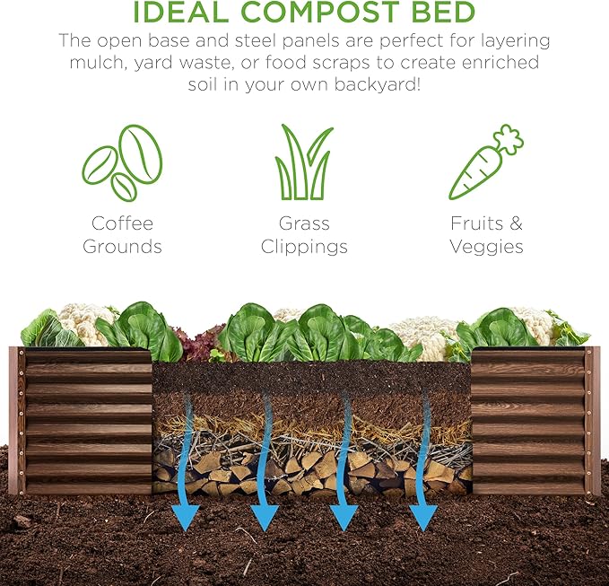 Best Choice Products 8x4x2ft Outdoor Metal Raised Garden Bed Deep Root Planter Box for Vegetables Herbs &amp Flowers 478-Gallon Capacity 100% Non Toxic Materials - Dark Brown Wood Grain