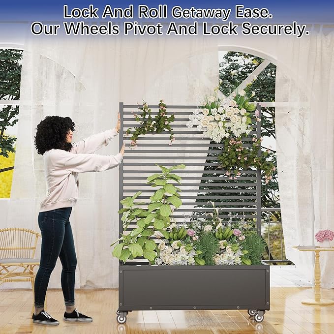 Planter Box with TrellisRaised Garden Bed with TrellisPrivacy Planters for Patio with Drainage Holes &amp Lockable Casters for Climbing PlantsVegetables and Vines