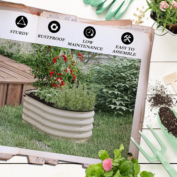 3.5' x 2' x 1.4' Galvanized Raised Garden Bed Kit Outdoor Metal Elevated Planter Box with Safety Edging Easy DIY Stock Tank for Growing Flowers Herbs Vegetables Cream