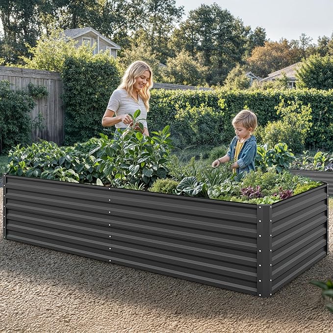 YITAHOME 8x4x2 ft 4pcs Galvanized Raised Garden Bed Kit Large Metal Planter Box with Gloves Safety Rubber &amp Support Rod Outdoor Flower Bed for Plants Vegetables Black