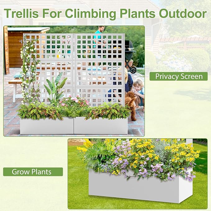 Metal Raised Garden Bed Trellis Planters Bed with Drainage Holes for Climbing Plants Vegetables Outdoor Privacy Screen with Planter Box 73x35x16 White