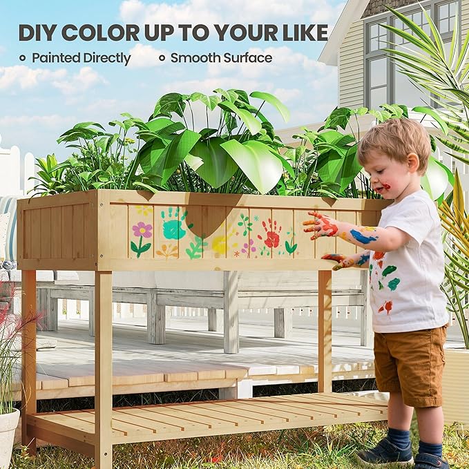 Outsunny 43x18x30in Raised Garden Bed with 8 Pockets and Shelf Wooden Elevated Planter Box with Legs to Grow Herbs Vegetables and Flowers Natural