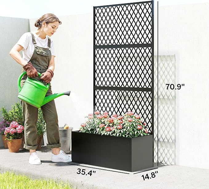 Outsunny Metal Planter Box with Trellis Raised Garden Bed with Trellis Privacy Screen and Drainage Holes for Climbing Plants Diamond Lattice Privacy Planter for Garden Patio Balcony