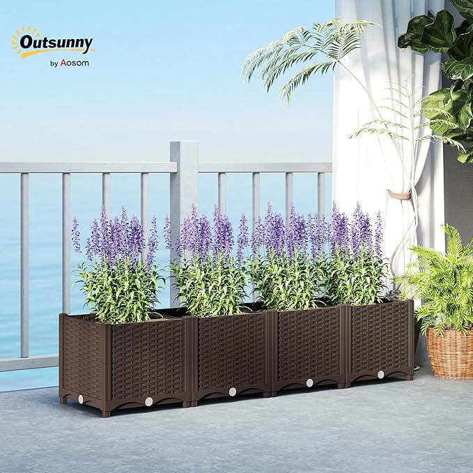 Outsunny 5 x 1 x 1 ft Raised Garden Bed Indoor Outdoor Plastic Planter Box with Drainage Holes Drain Plugs and Water Reservoirs for Vegetables Herbs Flowers &amp Succulents Brown