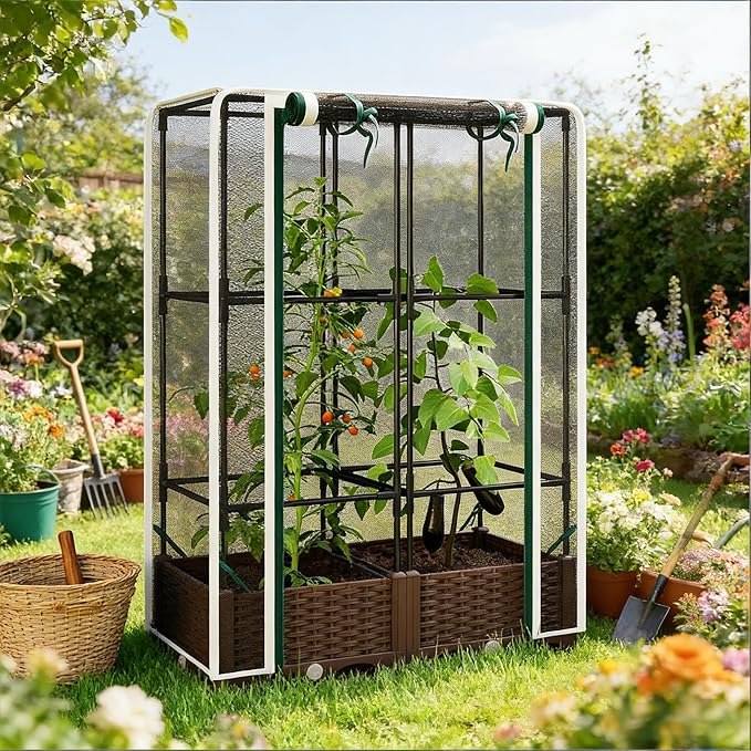 Organic Gardening Raised Bed with Enclosed Plant Cage Grow Healthier Vegetables Without Chemicals - Ventilated Crop Cage Protects Tomatoes Berries &amp Greens from Birds and Insects Naturally (Whit