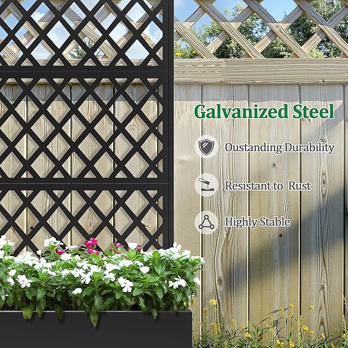 Metal Raised Garden Bed with Trellis and Wheels 2 in 1 Trellis with Planter Box &amp Privacy Screen for Climbing Plants Outdoor Standing Flower Beds with Drainage Holes 35.4L x 15.7W x 70.9H B