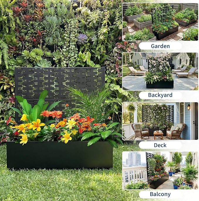 Metal Raised Garden Bed with Trellis &amp Privacy Screen 47.1x47x16 Galvanized Metal Planter Box with Wheels for Patio Balcony Planter Box with Drainage Holes for Climbing Plants Flowers Vegetab