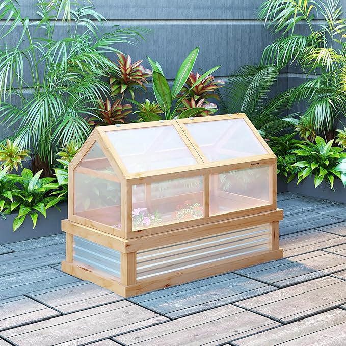 Raised Garden Bed with Polycarbonate Greenhouse Wooden GCold Frame Greenhouse Flower Planter Protection 48 x 24 x 32 Natural