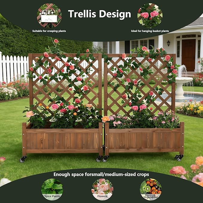 2 Pcs Wooden Planter Boxes with Trellis: Four Universal Wheels for Easy Mobility 37.6 H x 27.5 W x 13 DPerfect for Outdoor Climbing Plants on Patios Balconies &amp Gardens