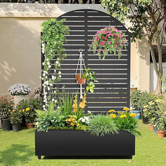Metal Raised Garden Bed with Trellis 2-in-1 Planter Box &amp Privacy Screen for Climbing Plants Outdoor Standing Flower Bed with Drainage Holes 47.2 L x 16.7 W x 70.8 H Black-Louvered