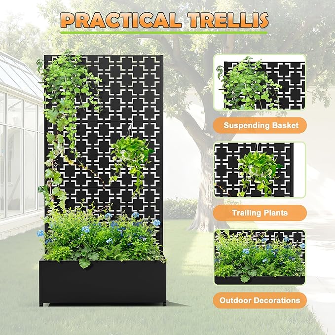 Metal Raised Garden Bed with Trellis 2-in-1 Planter Box &amp Privacy Screen for Climbing Plants Outdoor Standing Flower Bed with Drainage Holes 35.4 L x 15.7 W x 70.1 H Black-Square