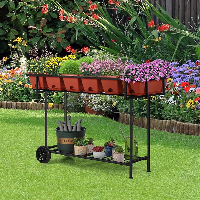 Vrisa Elevated Raised Garden Bed Outdoor with Legs 43x17x29 in Plastic Standing Planter Box with Storage Shelf and Wheels Vegetables Herbs Flowers Gardening Boxes for Backyard Patio Balcony Black