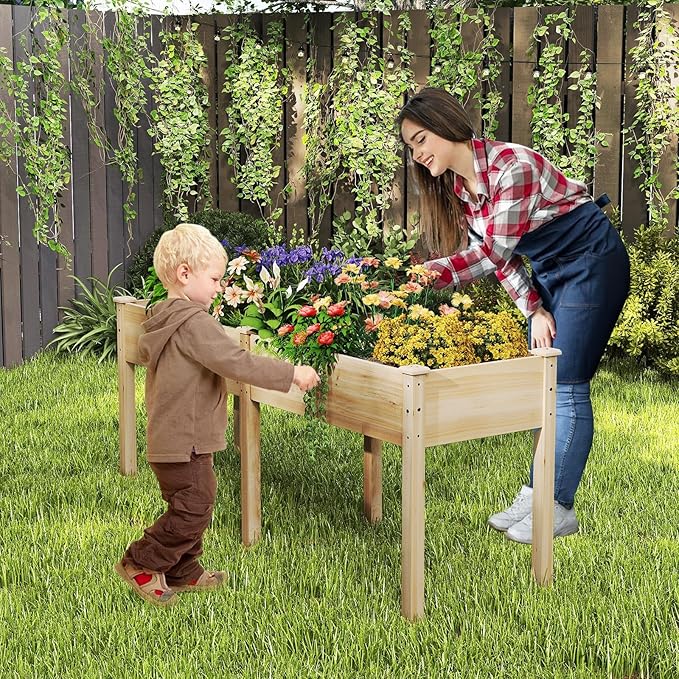 Giantex Raised Garden Bed with Legs 73x23x30 Elevated Wood Planter Box w/Divider Panel Drainage Holes Ideal for Flower Herb Vegetable Raised Garden Beds Outdoor for Gardening Backyard Patio