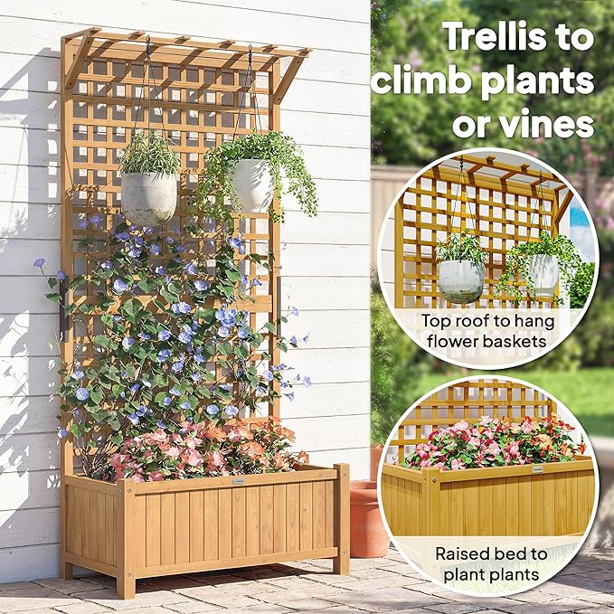 Outsunny Wood Planter with Trellis Raised Garden Bed for Climbing Plants w/Drainage Holes and Roof 35.5 x 17.75 x 72 Yellow