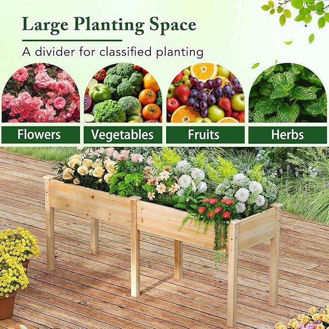 Giantex Raised Garden Bed with Legs 73x23x30 Elevated Wood Planter Box w/Divider Panel Drainage Holes Ideal for Flower Herb Vegetable Raised Garden Beds Outdoor for Gardening Backyard Patio